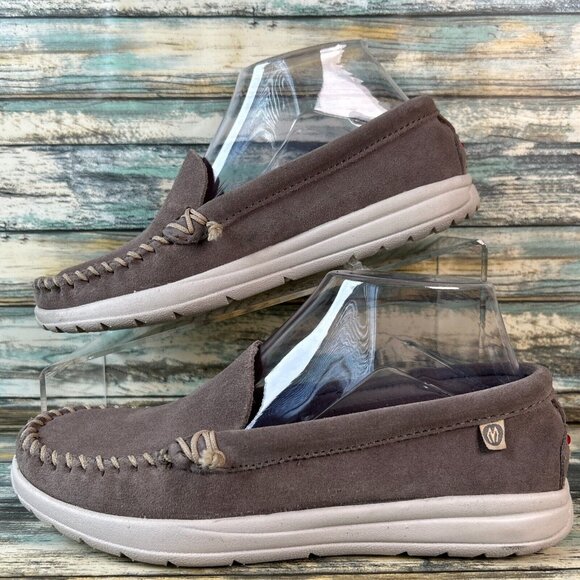 Minnetonka Womens 6.5 Flats Gray Suede Slip On Loafers Stitched Moc Toe Shoes - Picture 2 of 11